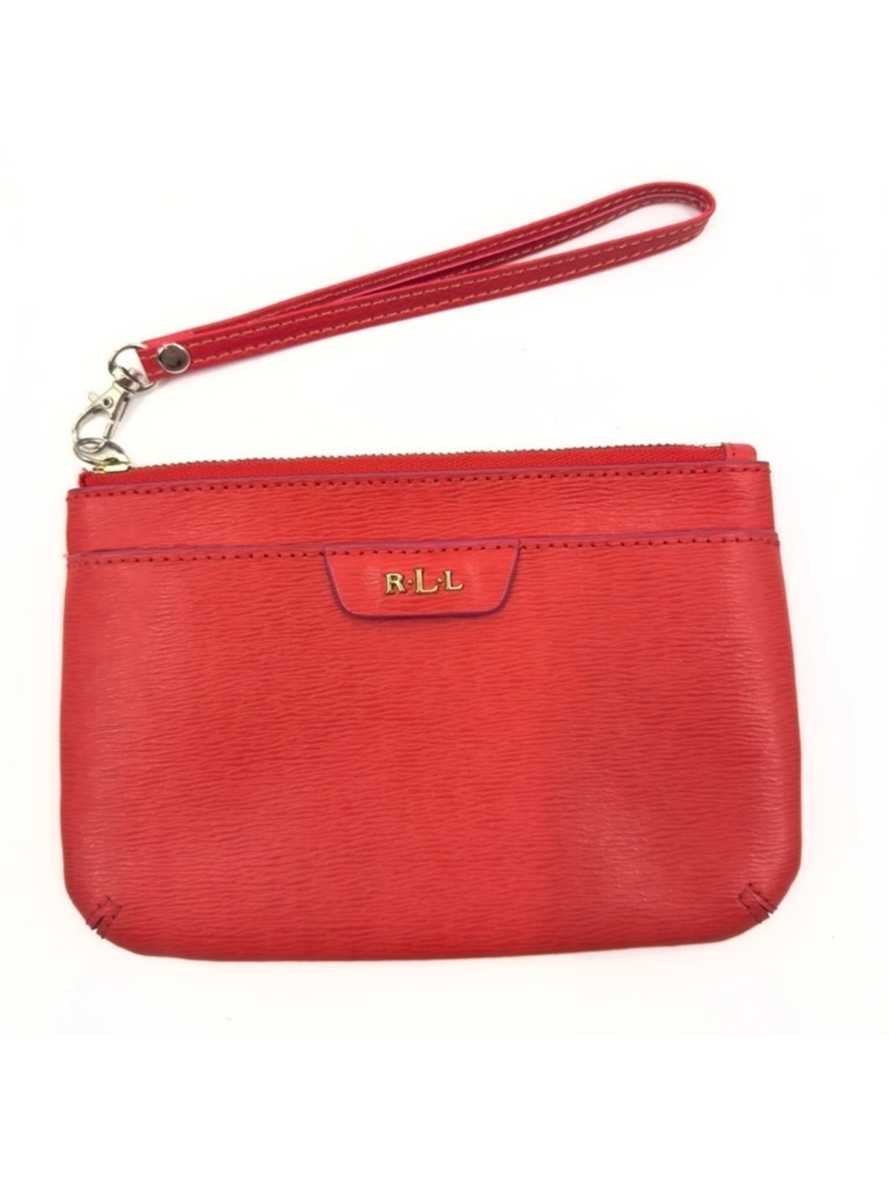 Lauren Ralph Lauren Red Leather Wristlet Zip Top Pouch Bag Wallet Gold Monogram